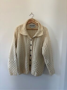 Aran Wool Cable-Knit Button Cardigan Sweater - Cream